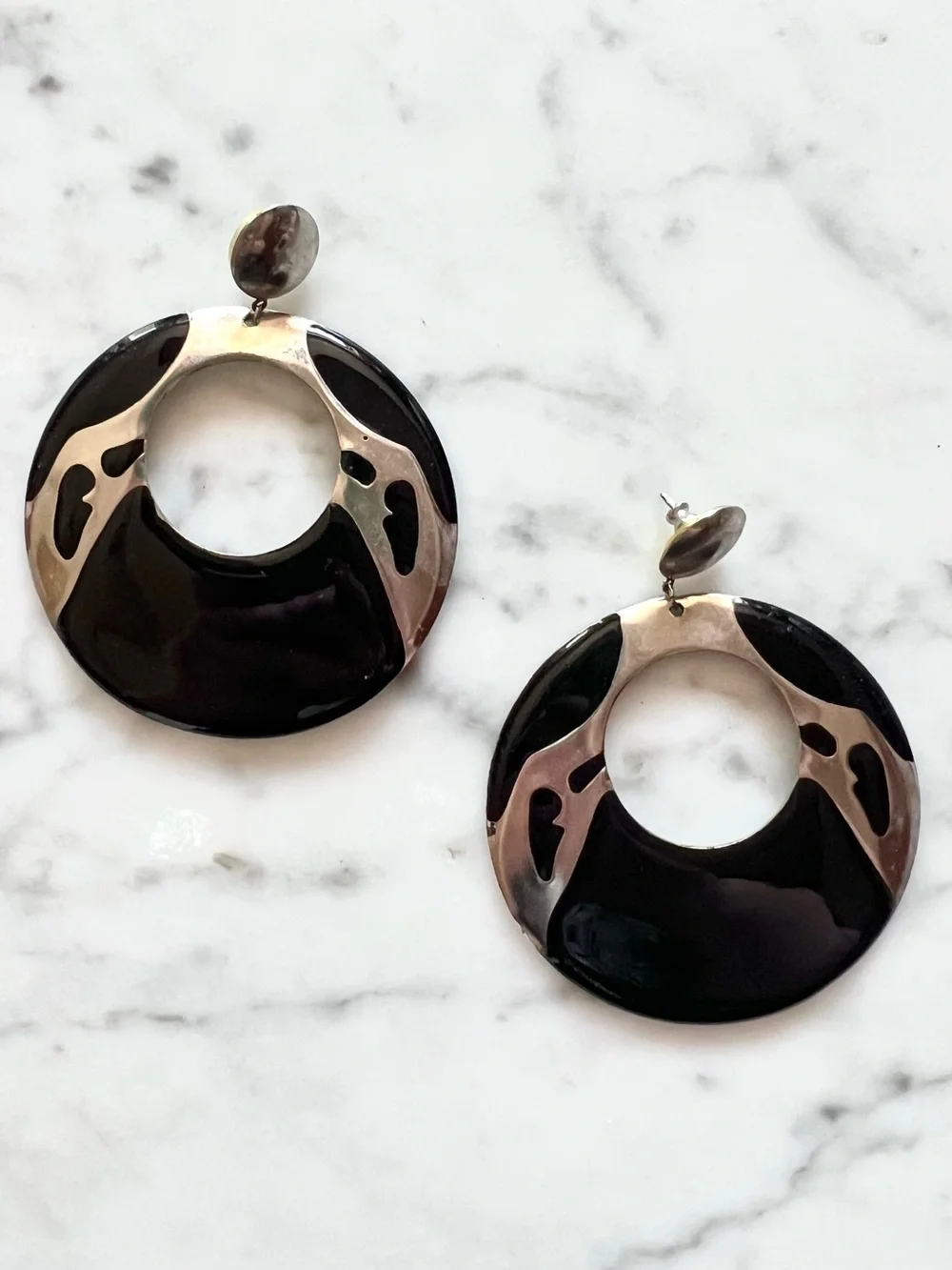 Vintage 80s Geometric Enamel Drop Hoop Earrings Post Modern Art Deco (Set of 2)
